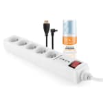 Hosszabbító elosztó kapcsolóval, túlfeszültség védelemmel, 5 aljzat 1,5m, + tisztítókészlet, 4K HDMI, COAX kabel